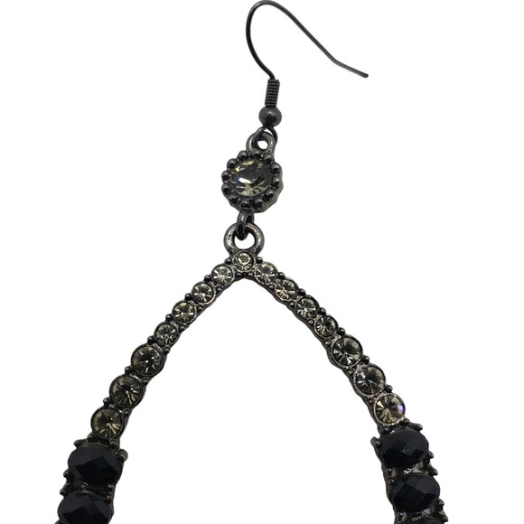 Large Gunmetal Gray Black White Rhinestone Teardrop Hook Dangle Pierced Earrings - Picture 8 of 10